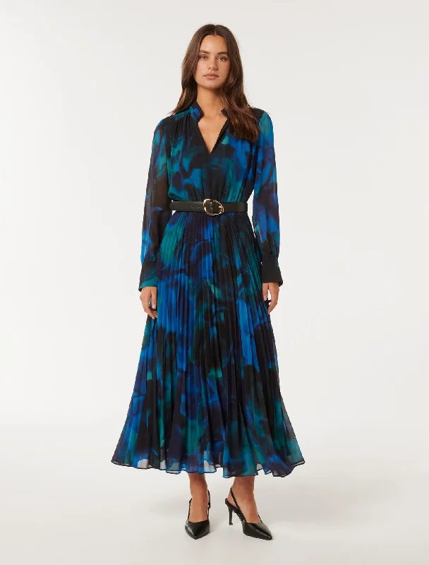 Skyla Pleated Long Sleeve Midi Dress Fashionable A-Line Midi Dress