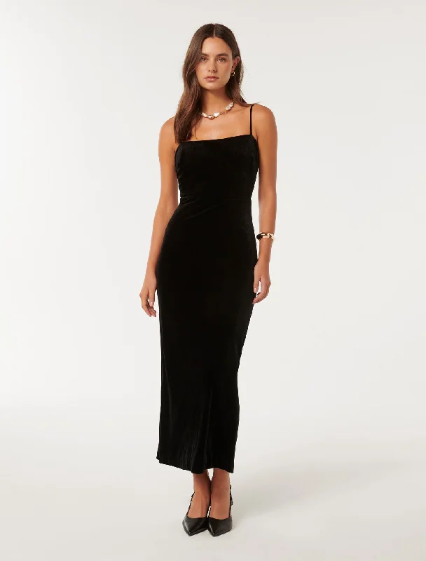 Skyler Strappy Velvet Midi Dress Comfortable Empire Waist Midi Dress