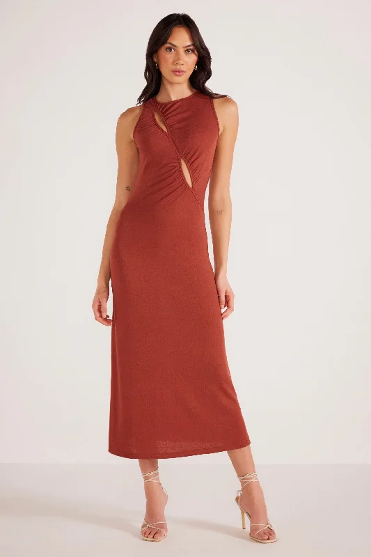 Vanessa Rust Ruched Midi Dress Trendy Off-Shoulder Ruffle Midi Dress