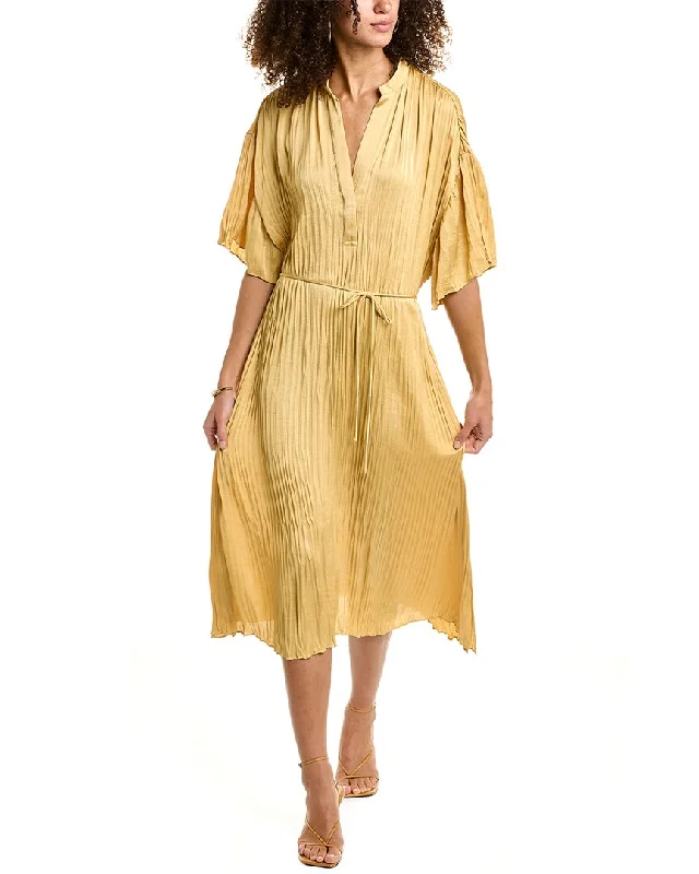 Vince Crushed Band Collar Midi Dress Trendy Ruffled Sleeve Midi Dress