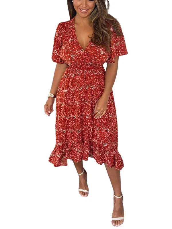 Womens Dot Print Asymmetric Midi Dress Comfortable Wrap Midi Dress