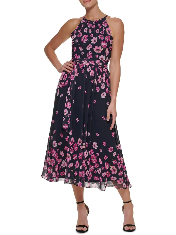 Womens Floral Print Tea Length Midi Dress Cozy Wide Strap Midi Dress