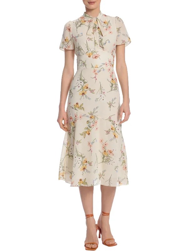 Womens Floral Tie Neck Midi Dress Comfortable Casual Midi Dress