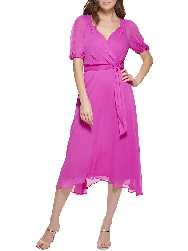Womens Gathered Calf Midi Dress Trendy Flared Sleeve Midi Dress