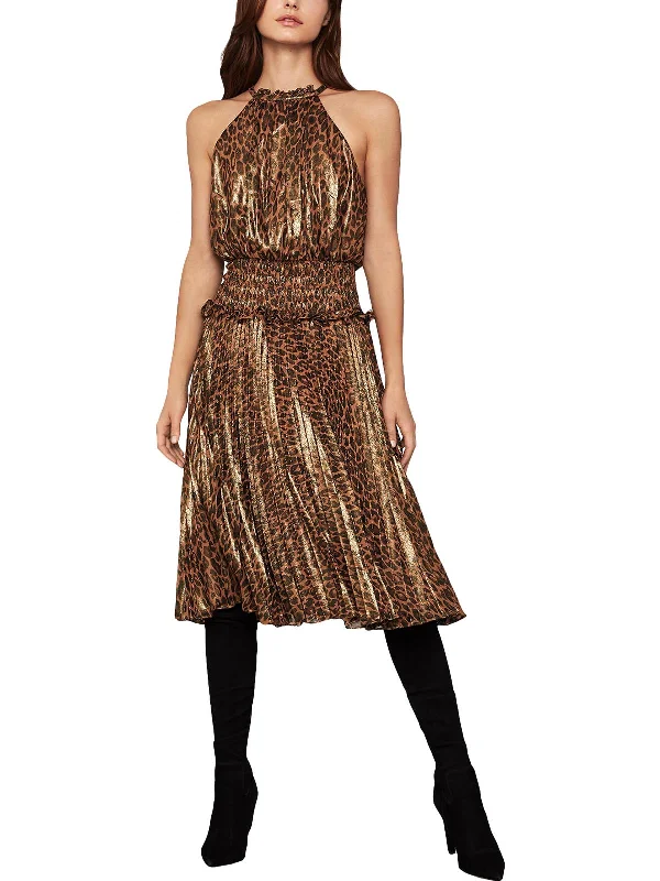 Womens Metallic Animal Print Midi Dress Chic Off-Shoulder Midi Dress