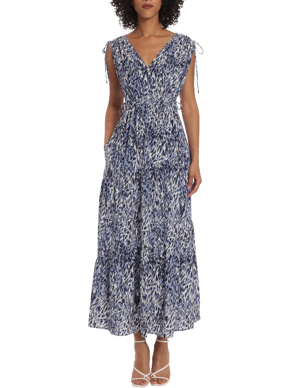 Womens Printed Tie Front Midi Dress Trendy Off-Shoulder Ruffle Midi Dress