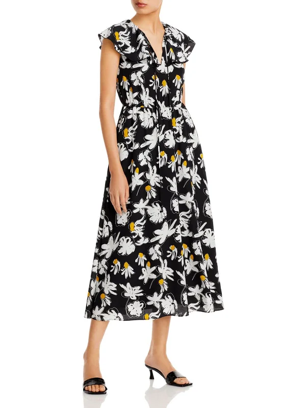 Womens Ruffled V-Neck Midi Dress Chic Floral Print Midi Dress
