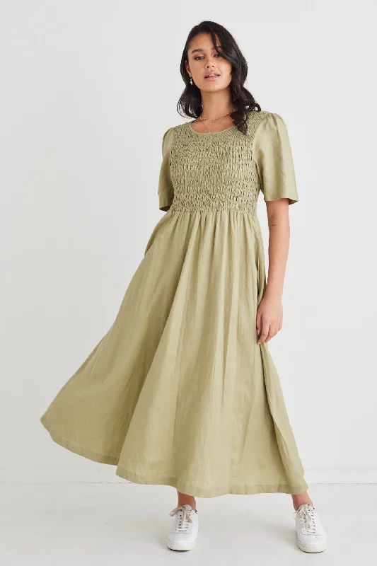 Wren Moss Poplin SS Shirred Bodice Midi Dress Fashionable High-Neck Midi Dress