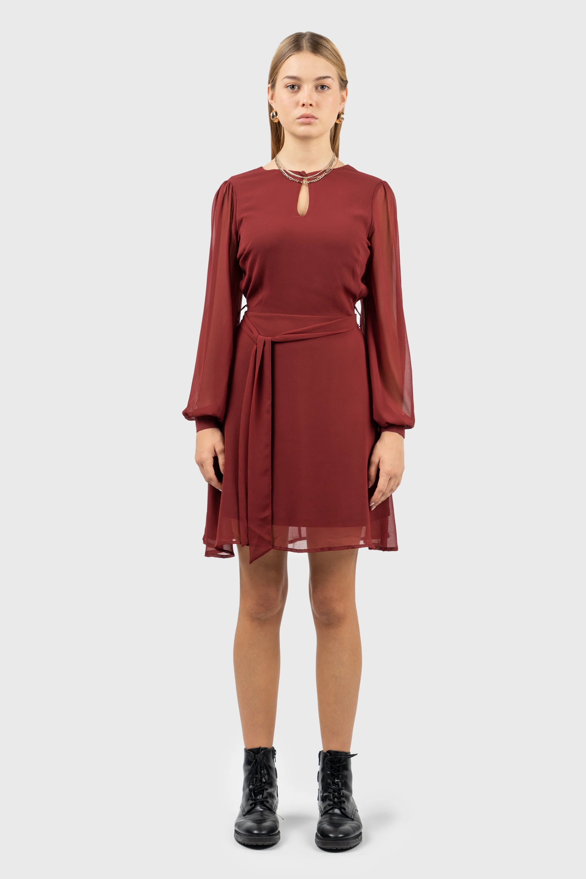 100% Recycled Chiffon Balloon Sleeve Mini Dress Comfortable Ruffle Mini Dress