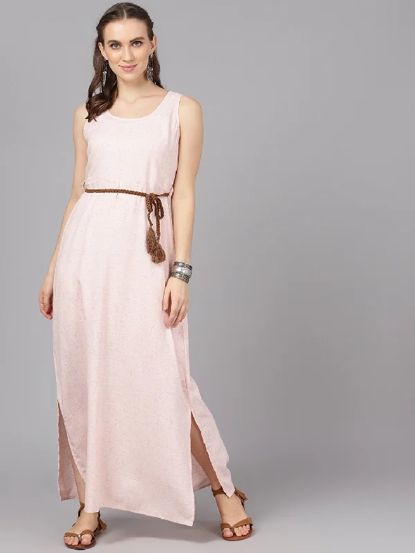 Women's  Peach-Coloured Self Design Maxi Dress - AKS Comfortable Fit-and-Flare Maxi Dress