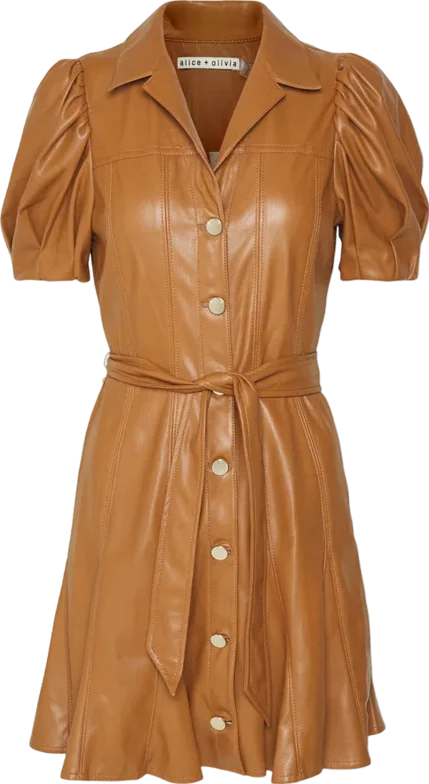 Alice + Olivia camel Pleated Belted Vegan Leather Mini Dress  UK 8