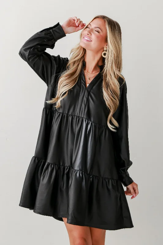 FINAL SALE - Alluring Reputation Black Tiered Leather Mini Dress Fashionable Denim Mini Dress