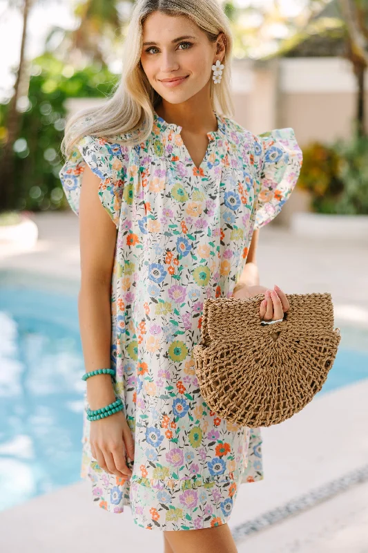 Always Ready Cream White Floral Mini Dress Elegant Mini Dress with Pleats