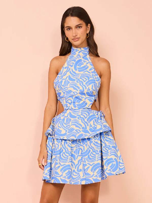 Ambra Maddalena Aurora Halter Neck Mini Dress in Blue Swirl Cozy Jersey Mini Dress