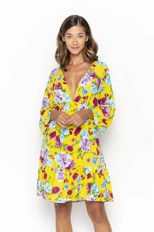Baby Doll, Tropical Dandelion Yellow, Mini Dress Trendy Floral Mini Dress