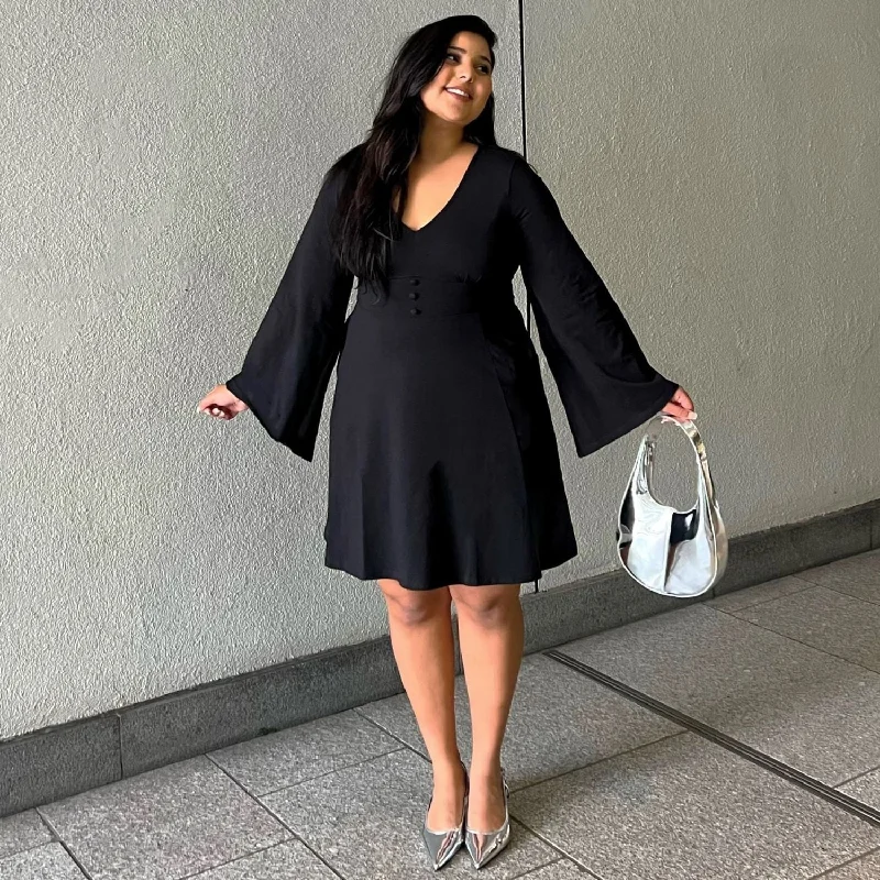 Bell Sleeve Mini Dress - Black Casual Button-Up Mini Dress