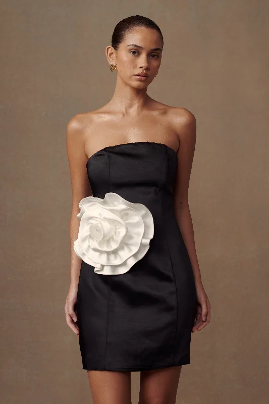 Bernadette Strapless Rose Mini Dress - Black Elegant Satin Lace Mini Dress