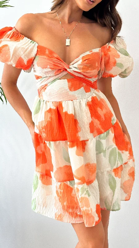 Coral Mini Dress - Orange Floral Cozy Knit Mini Dress