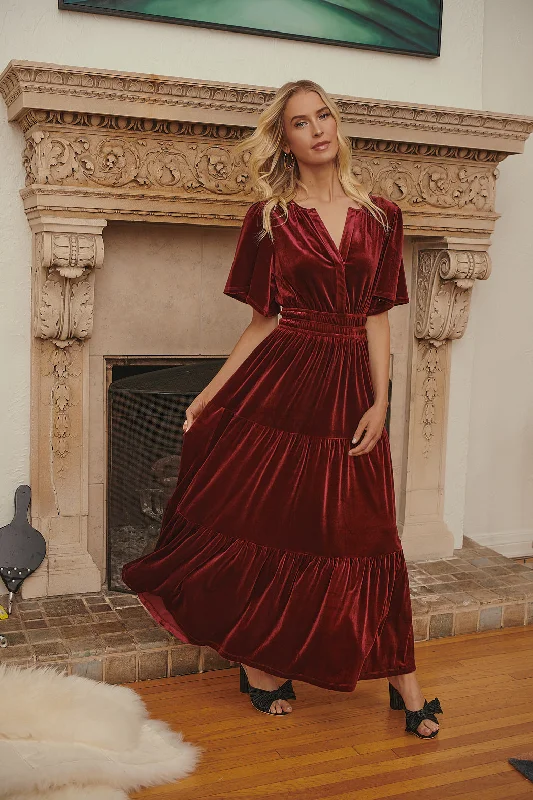 Debbie Velvet Tiered Maxi Dress Trendy Maxi Dress with Straps
