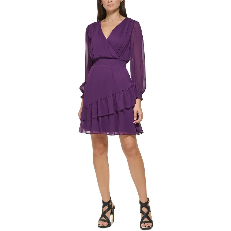 DKNY Womens Surplice Neckline Ruffled Mini Dress