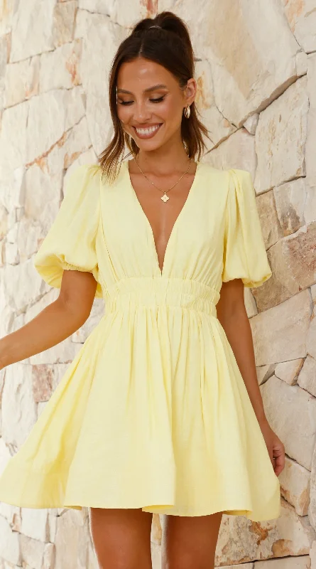 Erin Mini Dress - Yellow Chic Tropical Mini Dress