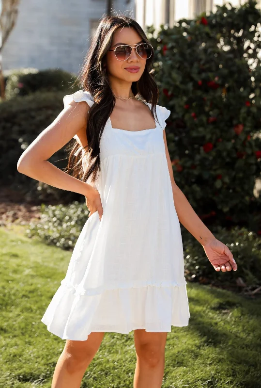 FINAL SALE - Fit To Frolic White Linen Mini Dress Fashionable Mini Dress with Pockets