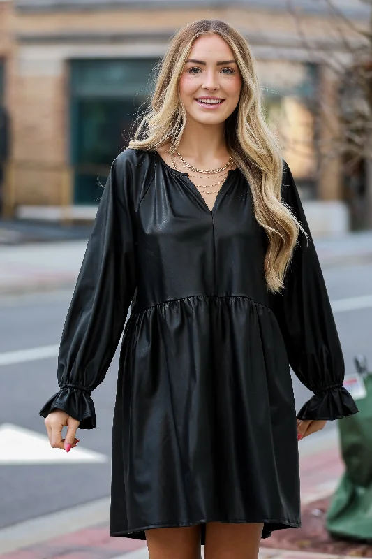 FINAL SALE - Flawless Shine Black Leather Babydoll Mini Dress Comfortable Boho Mini Dress