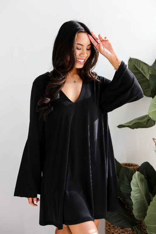FINAL SALE - Flirty Delight Black Bell Sleeve Mini Dress Trendy Floral Mini Dress