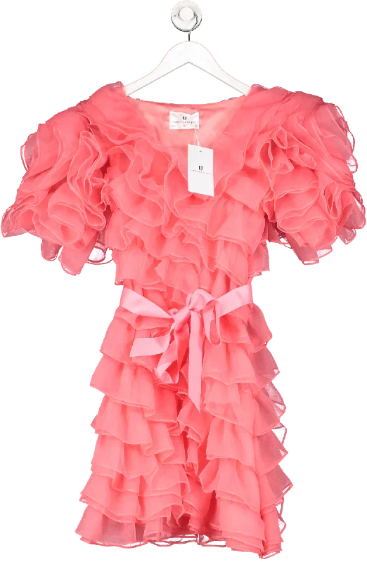 Forever Unique Pink Oversized Ruffle Tie Waist Mini Dress UK 6