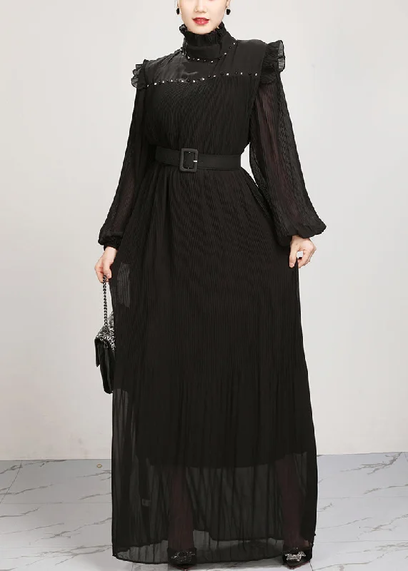 French Black Ruffled Solid Chiffon Maxi Dresses Fall AR1038 Elegant Tiered Maxi Dress