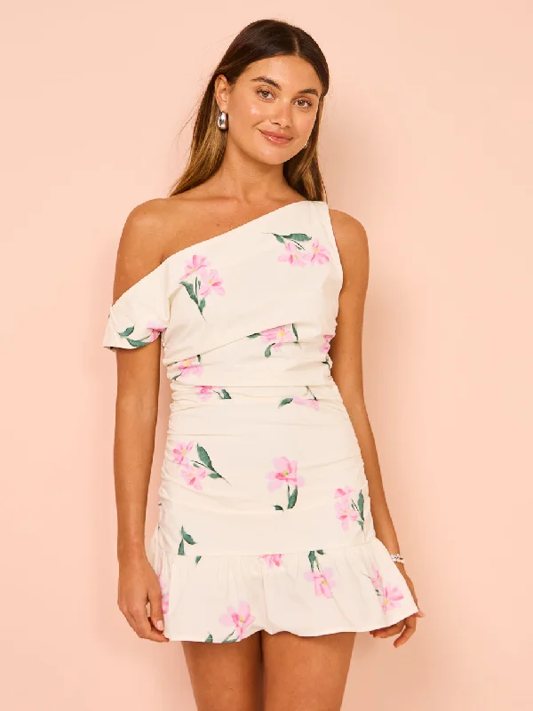 Issy One Shoulder Rouched Mini Dress in Rose Print Trendy Tie-Dye Mini Dress