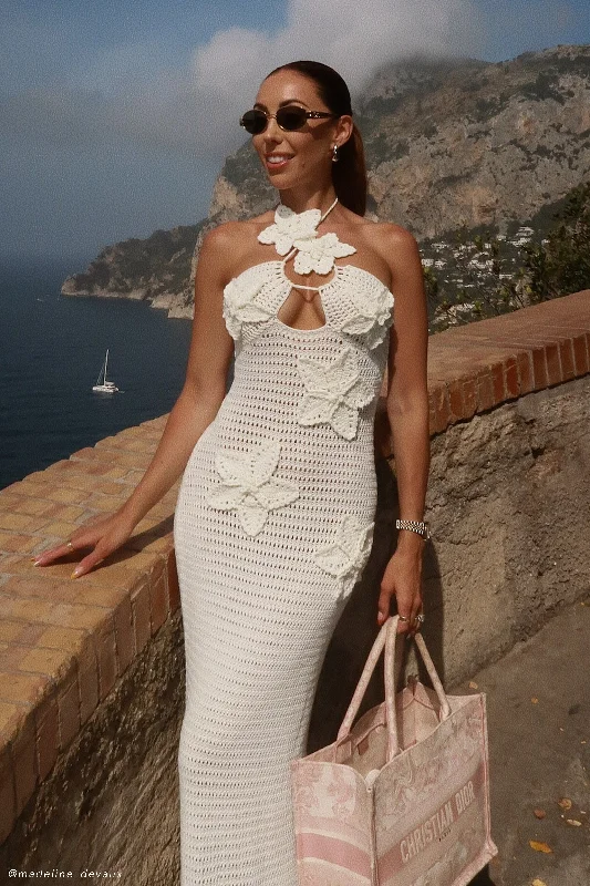 Kyla Floral Crochet Maxi Dress - Ivory Trendy Off-Shoulder Ruffle Maxi Dress