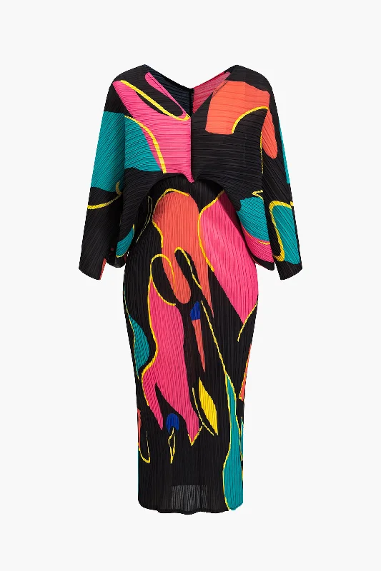 Color Block Print Pleated V-Neck Batwing Sleeves Maxi Dress Classic Tulle Maxi Dress