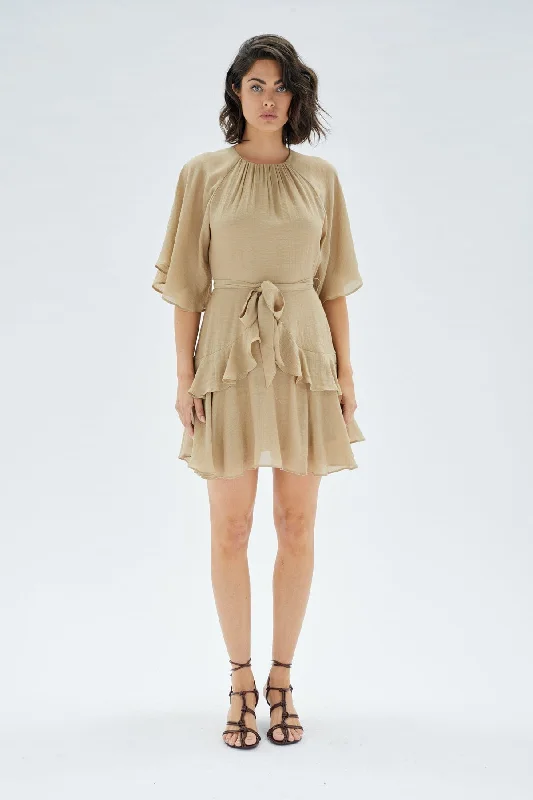 Mink Pink | Abba's Raglan Sleeve Mini Dress | Soft Khaki Fashionable Pleated Mini Dress