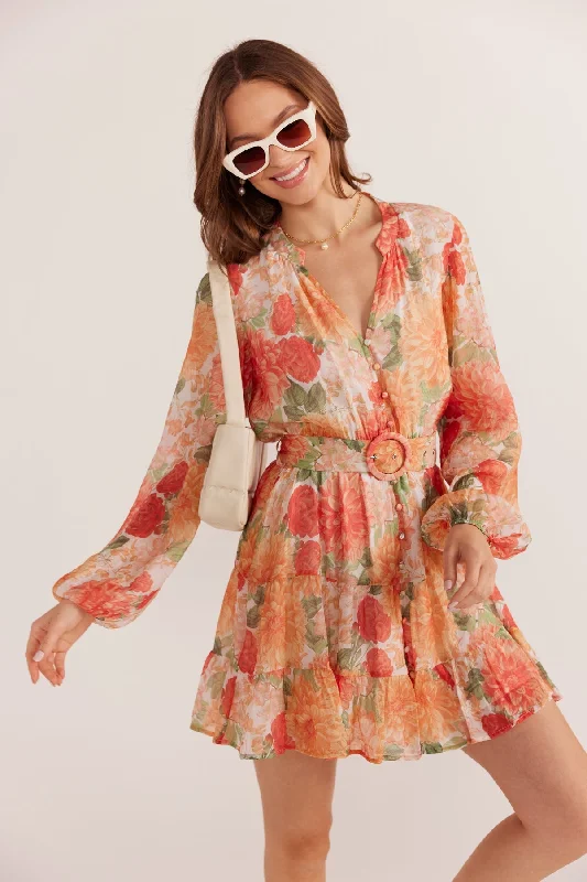 Mink Pink Aida Long Sleeve Mini Dress - Apricot Floral Trendy Off-Shoulder Dress Mini