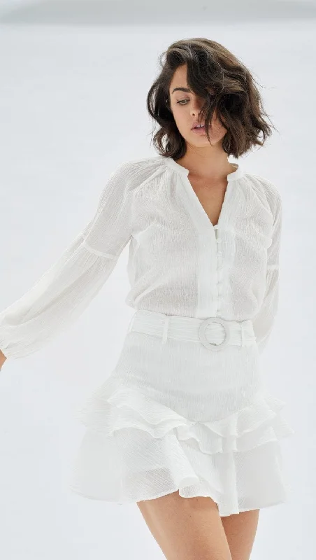 Mink Pink | Fatima Frill Mini Dress | Ivory Cozy Ruched Mini Dress