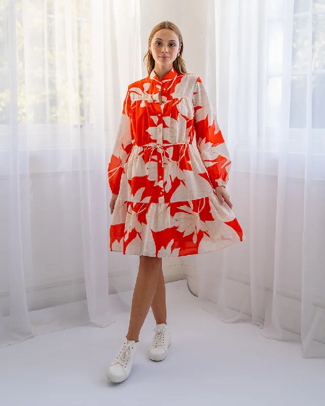 Natalia Mini Dress - Tangerine Fern Trendy Button-Detail Mini Dress