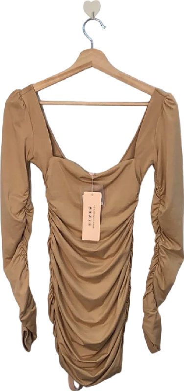 Oh Polly Beige Ruched Long Sleeve Mini Dress Size 8