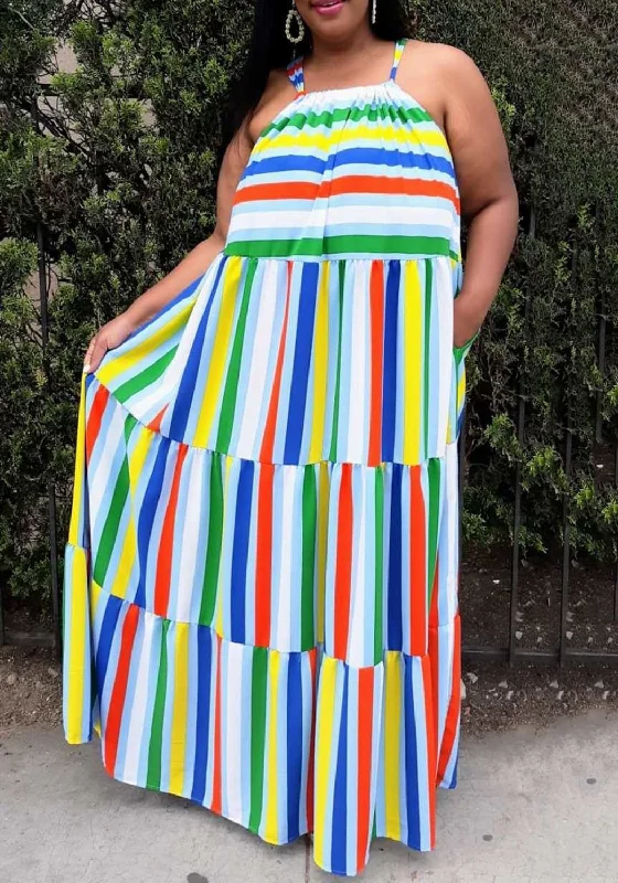 HI CURVY Plus Size Multi Stripe Halter Neck Flare Maxi Dress Fashionable Layered Maxi Dress