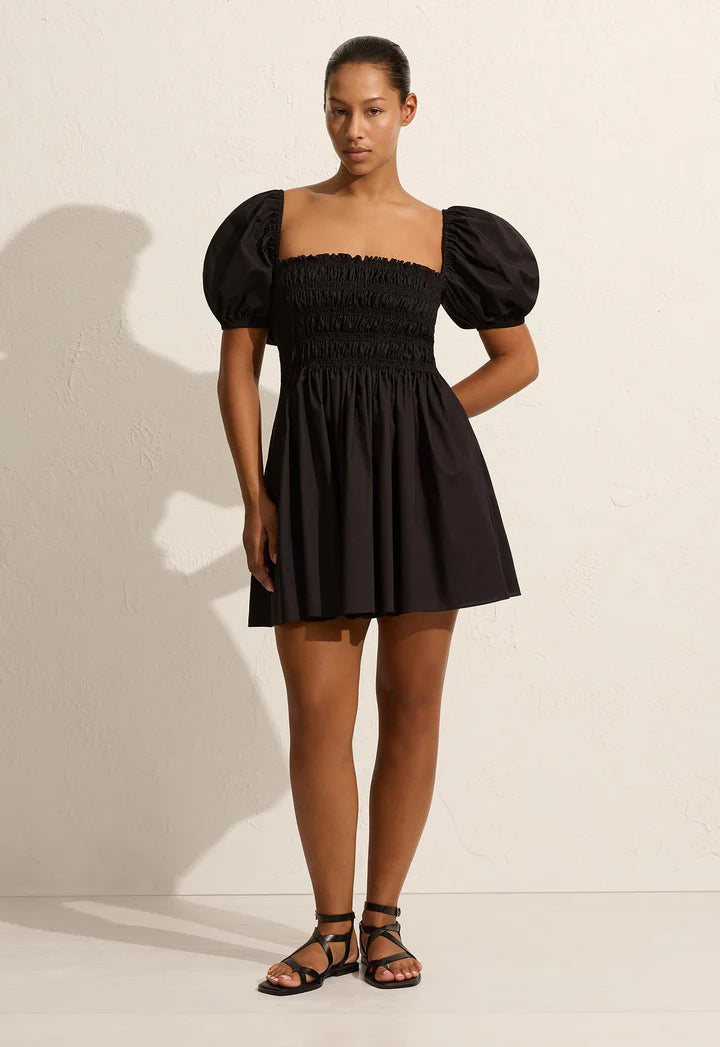 SHIRRED PEASANT MINI DRESS - BLACK Casual Button-Up Mini Dress
