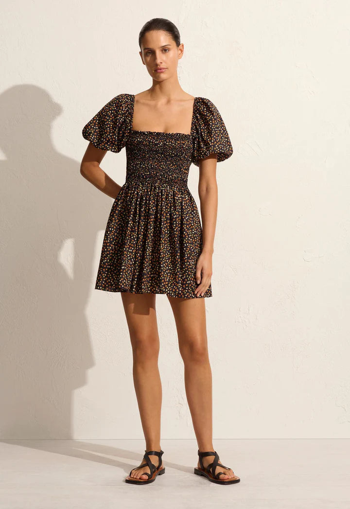 SHIRRED PEASANT MINI DRESS - MEADOW Fashionable Lace-Trim Mini Dress