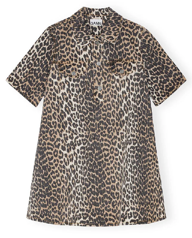 Print Denim Mini Dress Leopard Trendy Tulle Mini Dress