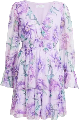 QUIZ  Lilac Chiffon Floral Tiered Long Sleeve Mini Dress UK 12