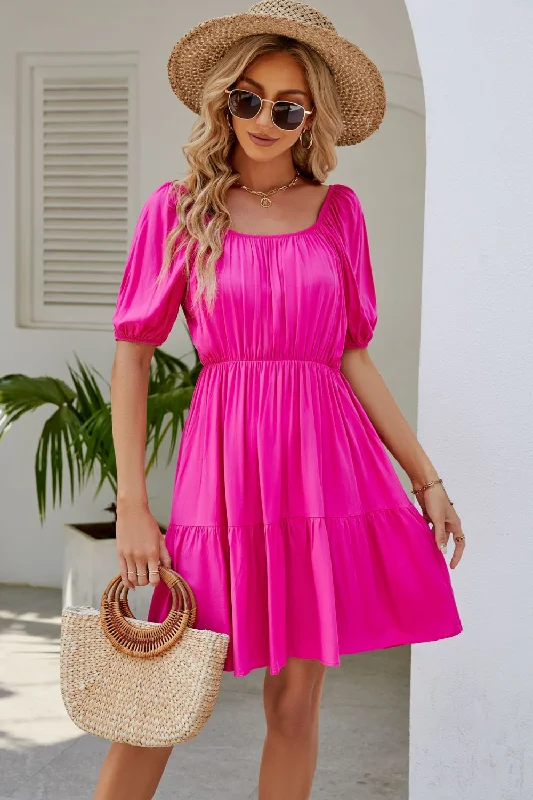 Ruched Square Neck Puff Sleeve Mini Dress Chic Pleated Mini Dress