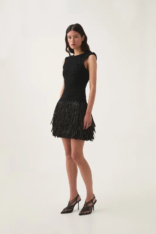 Rushes Raffia Knit Mini Dress Stylish Puff Sleeve Mini Dress
