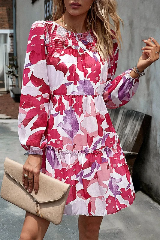 Smocked Floral Print Long Sleeve Mini Dress Cozy Cotton Mini Dress