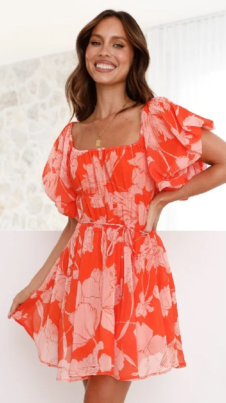 Taniah Mini Dress - Orange Floral Stylish Sweetheart Neck Mini Dress