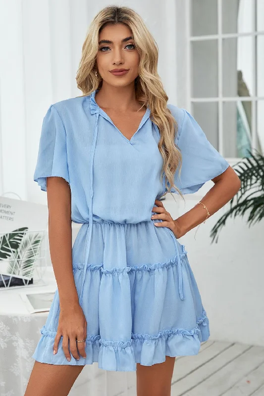 Tie Neck Frill Trim Short Sleeve Mini Dress Elegant Mini Dress with Ruffles