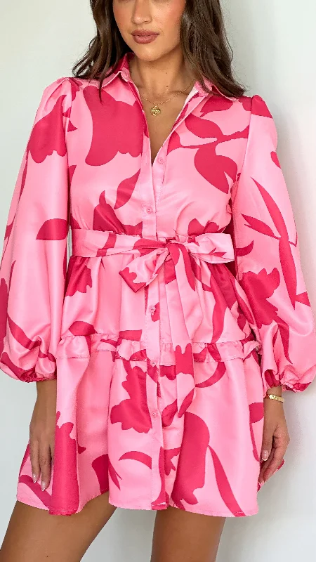 Vanessa Mini Dress - Pink Floral Comfortable One-Shoulder Mini Dress