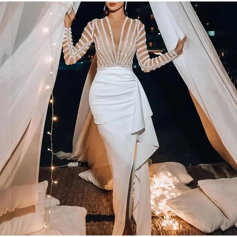 FashionSierra - Splic Sequins Lace Embroidery Irregular Maxi Dress Fashionable Off-Shoulder Maxi Dress